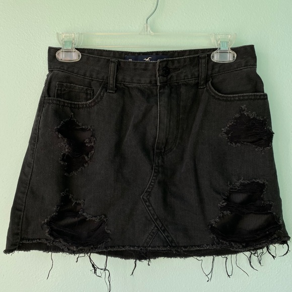 Hollister Black Denim Jean Mini Skirt Distressed - Picture 1 of 6